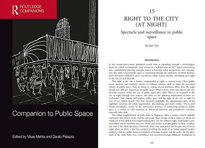 Yeo SJ (2020) Right to the city (at night): Spectacle and surveillance in public space. In: V Mehta and D Palazzo (Eds.) Companion to Public Space (pp. 182-190). New York: Routledge.